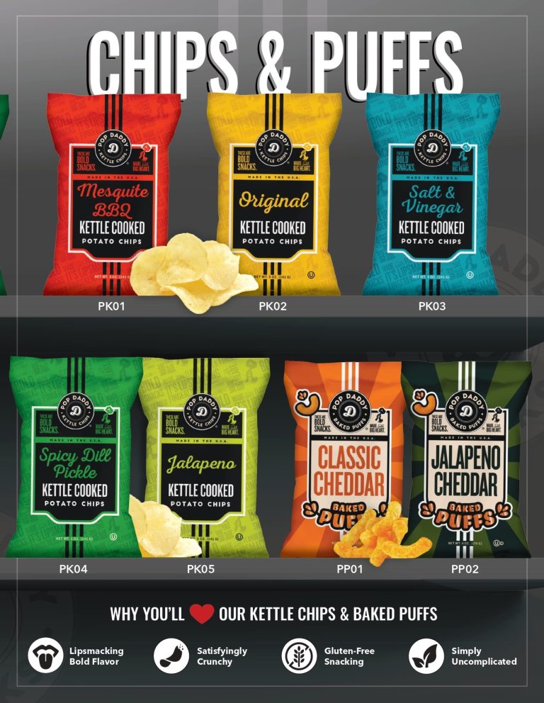 An assortment of six kettle cooked chips and baked puffs in vibrant packaging, perfect for fundraising variety and appeal.