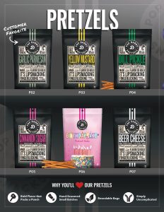 Our six delicious pretzel stick flavors in sleek black resealable bags—perfect for fundraising success at your school or group!.