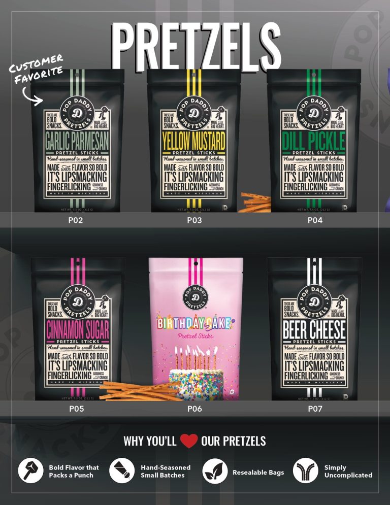 Our six delicious pretzel stick flavors in sleek black resealable bags—perfect for fundraising success at your school or group!.