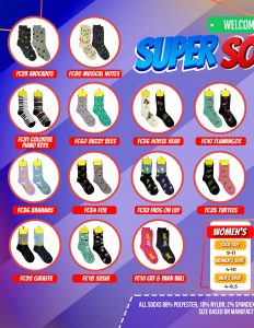 A vibrant selection of women’s socks featuring playful patterns—ideal for fundraising events to support your school or organization.