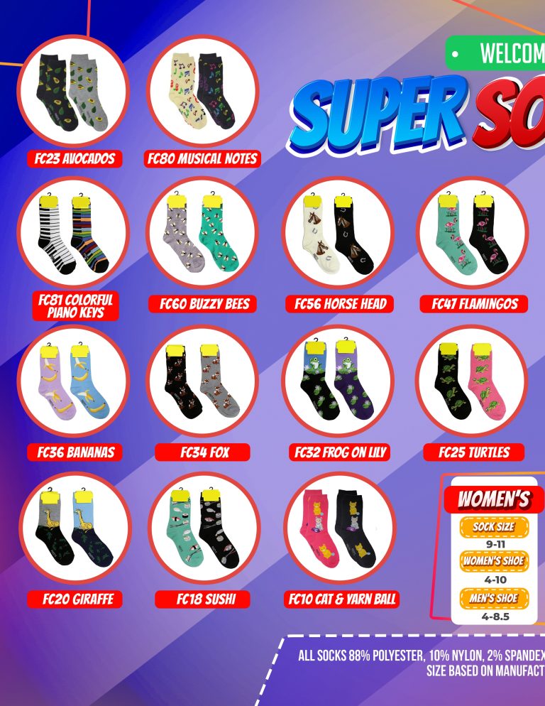 A vibrant selection of women’s socks featuring playful patterns—ideal for fundraising events to support your school or organization.
