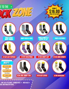 Selection of men’s novelty socks in vibrant patterns, each style labeled; perfect for fundraisers at $16.00 per set.