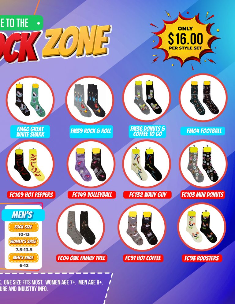 Selection of men’s novelty socks in vibrant patterns, each style labeled; perfect for fundraisers at $16.00 per set.