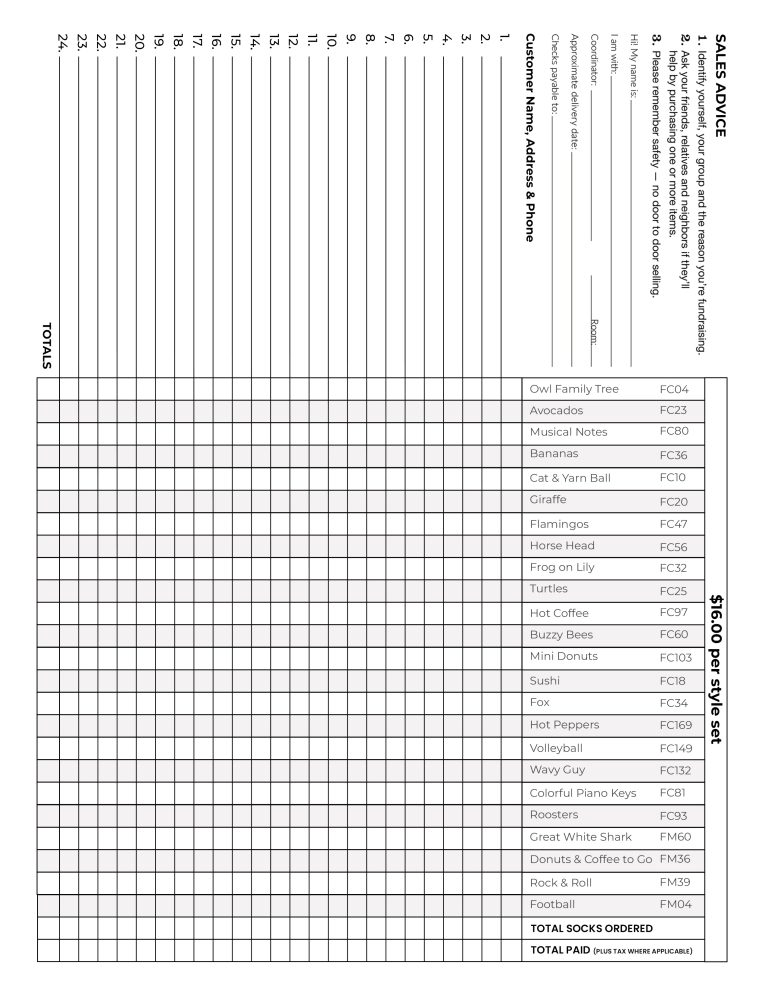 Fundraising order form featuring sock styles; includes fields for supporter info, item codes, quantities, totals, and design grid.