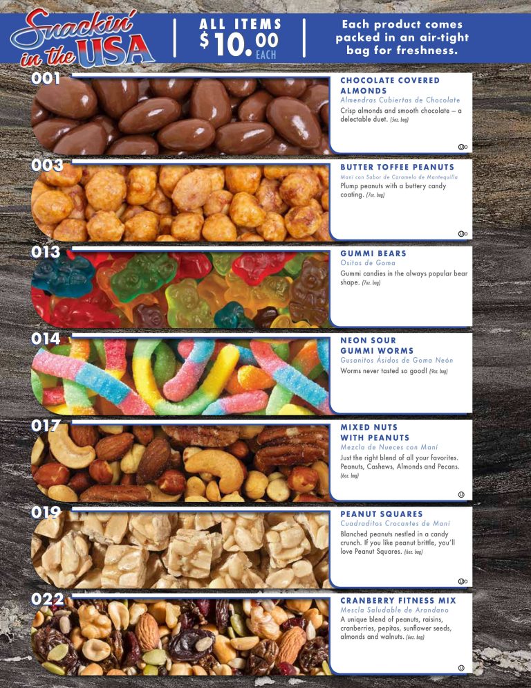 Explore our fundraising snack catalog featuring crowd-pleasers like chocolate almonds, gourmet nuts, gummy candies, and more.