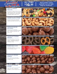 Attractive rows of coded packaged snacks—trail mix, nuts, chocolates, gummies—perfect for our profitable fundraising catalogs.