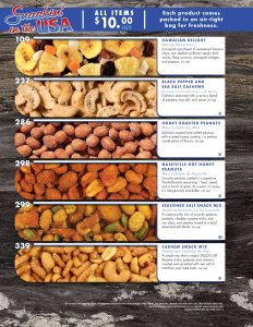 Fundraising catalog page: six popular packaged snacks—nuts, banana chips, and mixes—with photos, item numbers, $10 each.