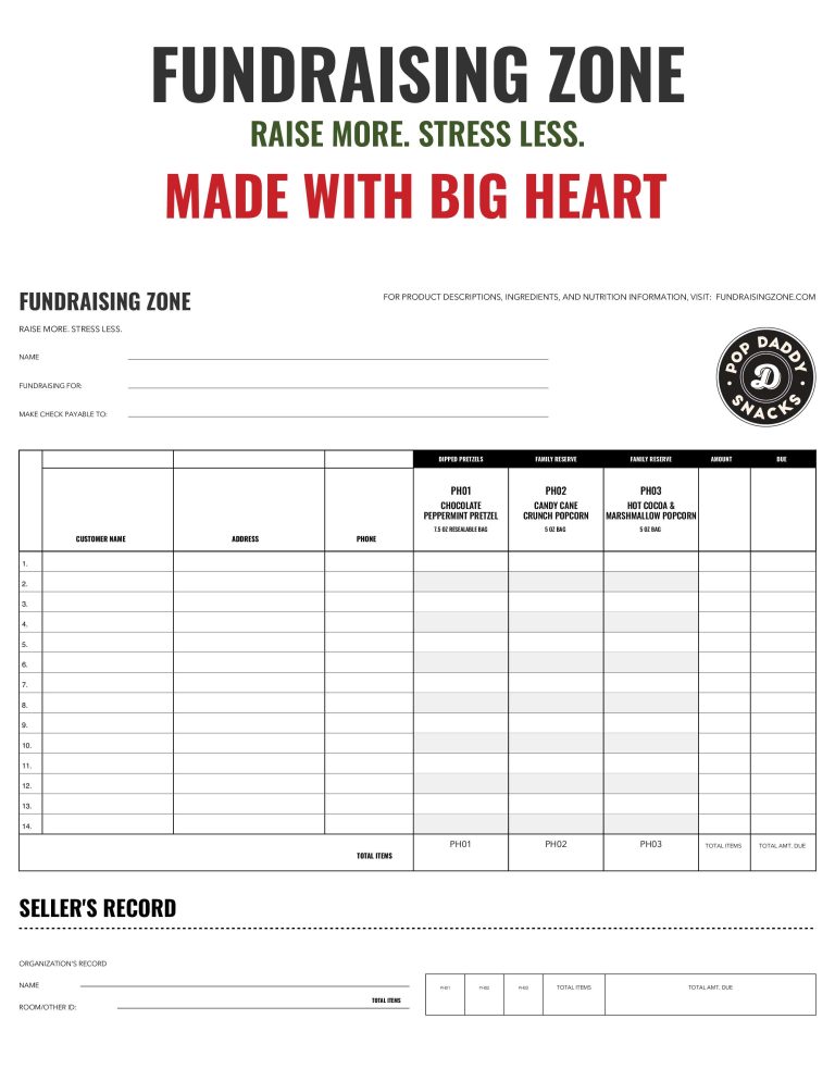 Pop Daddy Snacks fundraiser order form featuring areas for customer info, product choices, seller tracking, and payment details.