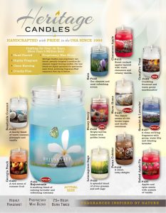 A fundraising catalog poster presents an array of Heritage Candles jars in a selection of inviting scents, emphasizing their hand-poured craftsmanship, extended burn time, and popular fragrances like Rejuvenate, Clean Cotton, and Cinnamon Apple—perfect for schools and organizations looking to raise funds through quality products.