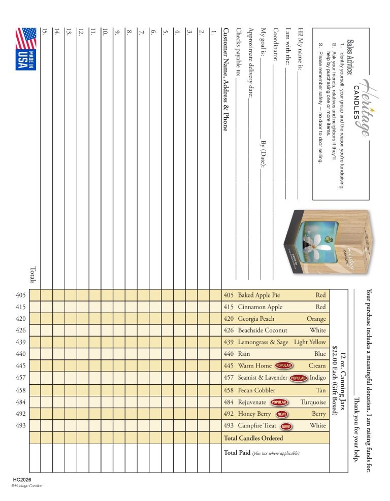 Bridgewater Candles Fundraising Order Form displaying available candle scents, color choices, and spaces to indicate order quantity for each selection. Clear step-by-step ordering instructions and dedicated support contact information are provided on the right side to assist schools and organizations in running a successful fundraiser.