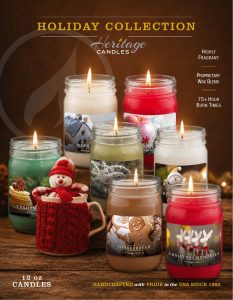 A collection of eight holiday-themed scented candles in elegant glass jars is attractively arranged on a wooden surface, each featuring vibrant festive labels and glowing wicks. Informational text emphasizes the variety of fragrances, long-lasting burn time, and quality U.S. craftsmanship—making these candles an ideal fundraising option for schools or organizations seeking memorable gifts that support their cause.
