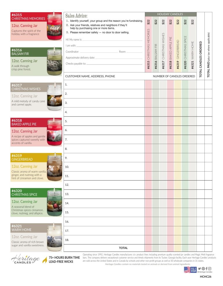 Fundraising order form for Heritage Candles’ holiday collection, featuring six festive candle scents with accompanying images and descriptions. Includes columns for customer information and quantity ordered to help schools and organizations track participants’ orders for their fundraising campaign.