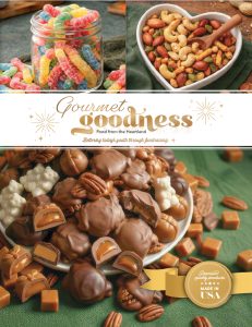 An inviting display featuring a bowl of colorful gummy worms, a heart-shaped dish filled with premium mixed nuts, and a platter showcasing decadent chocolate-covered treats with caramel cubes and pecans. The text highlights, “Gourmet Goodness, Made in USA,” perfect for your next fundraising catalog to help schools and organizations reach their goals.