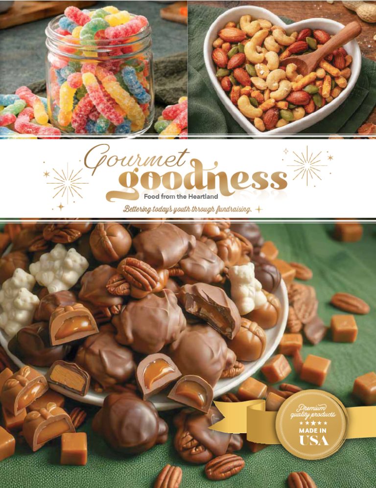An inviting display featuring a bowl of colorful gummy worms, a heart-shaped dish filled with premium mixed nuts, and a platter showcasing decadent chocolate-covered treats with caramel cubes and pecans. The text highlights, “Gourmet Goodness, Made in USA,” perfect for your next fundraising catalog to help schools and organizations reach their goals.