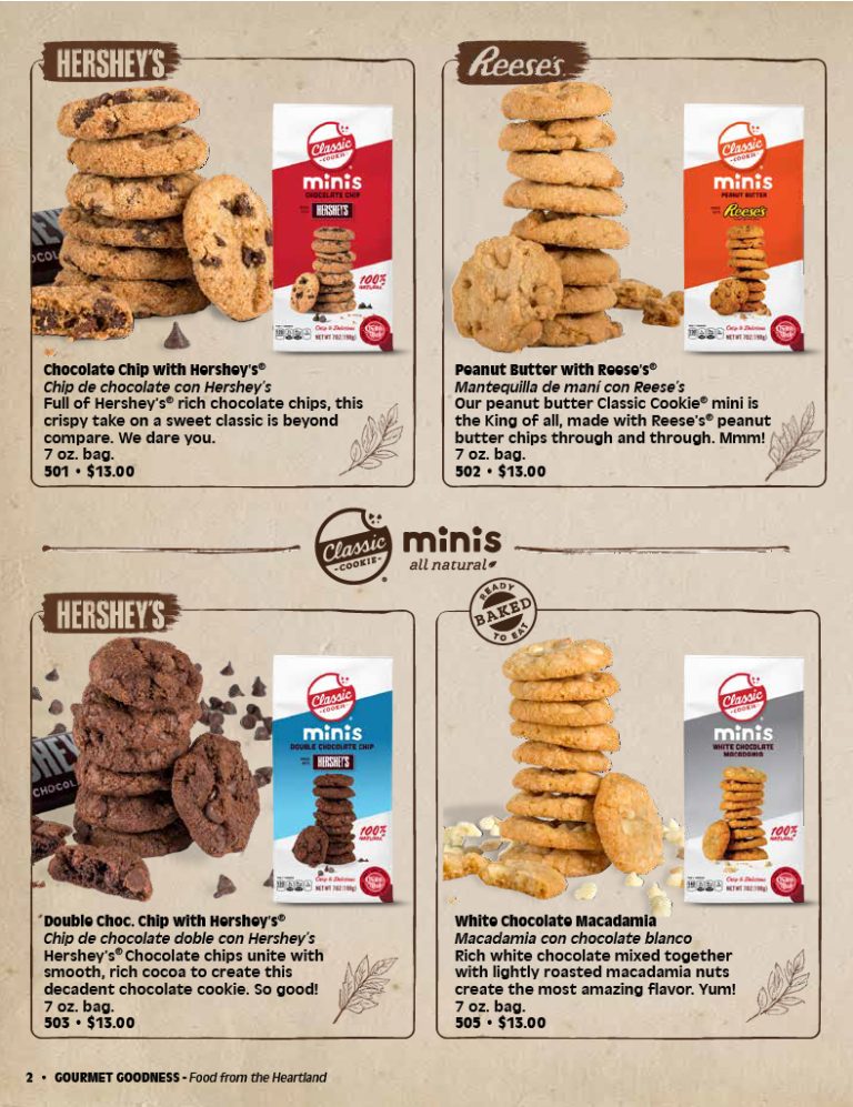 A fundraising catalog page showcases four delicious varieties of Classic Cookie minis featuring Hershey’s and Reese’s chocolates, complete with vibrant images of packaging and cookies, along with brief descriptions to help schools and organizations highlight these popular treats in their fundraising efforts.
