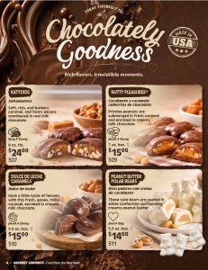 A fundraising catalog display featuring four popular chocolate candies—Katydids, Nutty Pleasures, Dulce de Leche Caramels, and Peanut Butter Polar Bears—with each variety shown alongside enticing descriptions and clear pricing to help schools and organizations maximize their fundraising efforts.