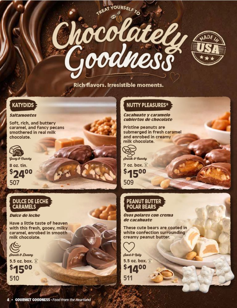 A fundraising catalog display featuring four popular chocolate candies—Katydids, Nutty Pleasures, Dulce de Leche Caramels, and Peanut Butter Polar Bears—with each variety shown alongside enticing descriptions and clear pricing to help schools and organizations maximize their fundraising efforts.