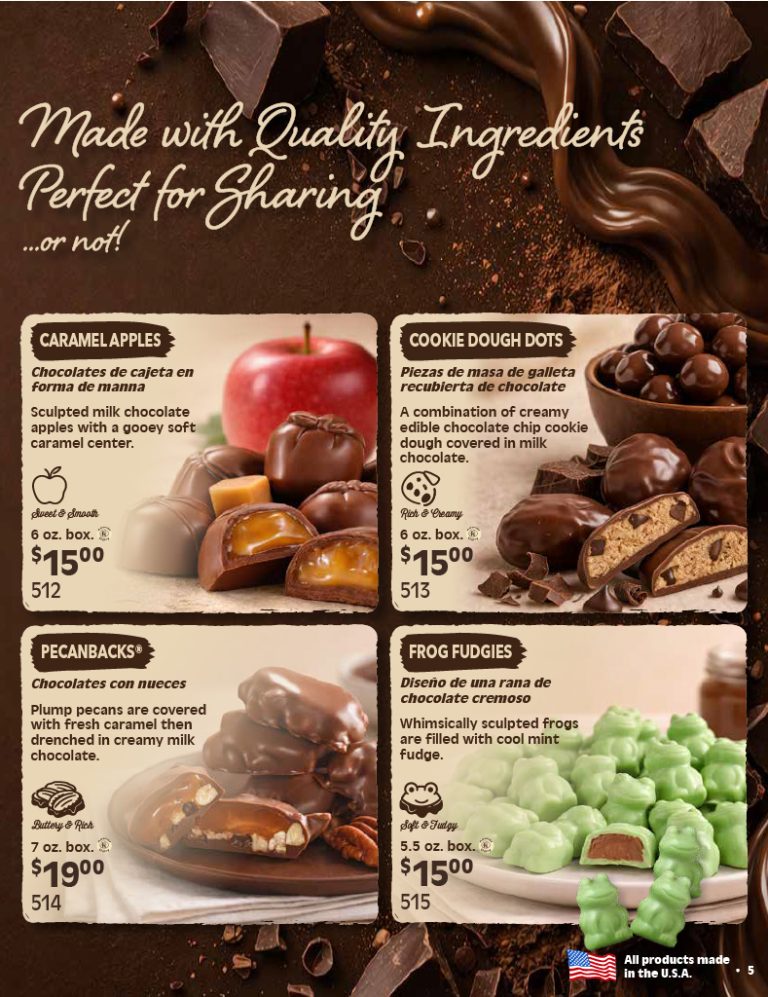 An inviting, chocolate-themed catalog page showcases four delicious fundraising treats—caramel apples, cookie dough dots, pecanbacks, and frog fudgies—each pictured with detailed descriptions and pricing to help your school or organization reach its fundraising goals.