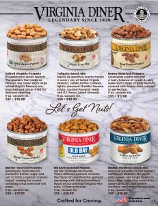 Five tins of Virginia Diner snack mixes and peanuts are attractively displayed with detailed descriptions and fundraising prices, showcasing popular flavors such as Old Bay, honey roasted, and butter toffee—perfect selections for your school or organization’s next fundraiser.
