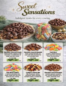 A colorful assortment of six popular sweet snacks—chocolate-covered pretzels, almonds, peanuts, fruit slices, sour neon crawlers, and cranberry fitness mix—each attractively arranged and clearly labeled with prices. Perfect for fundraising catalogs to help schools and organizations achieve their goals.