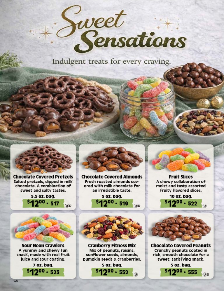 A colorful assortment of six popular sweet snacks—chocolate-covered pretzels, almonds, peanuts, fruit slices, sour neon crawlers, and cranberry fitness mix—each attractively arranged and clearly labeled with prices. Perfect for fundraising catalogs to help schools and organizations achieve their goals.