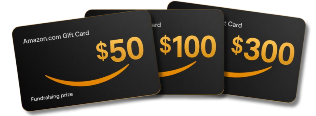 Three Amazon gift cards in $50, $100, and $300 denominations, featured as exciting fundraising incentive prizes to help schools reach their goals.