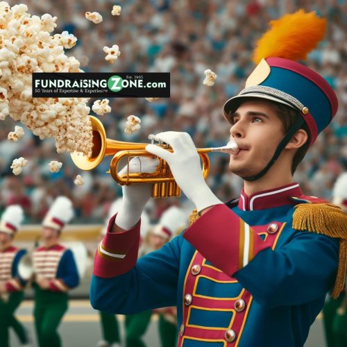 Marching band member in uniform plays trumpet with popcorn, others perform nearby; "Fundraising Zone" banner promotes event support.
